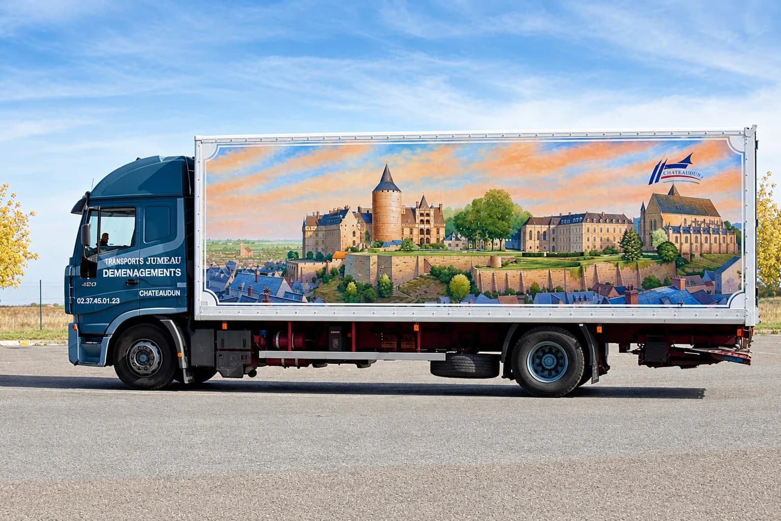 Camion des Déménagements Jumeau habillé d’une vue de Châteaudun et de son château