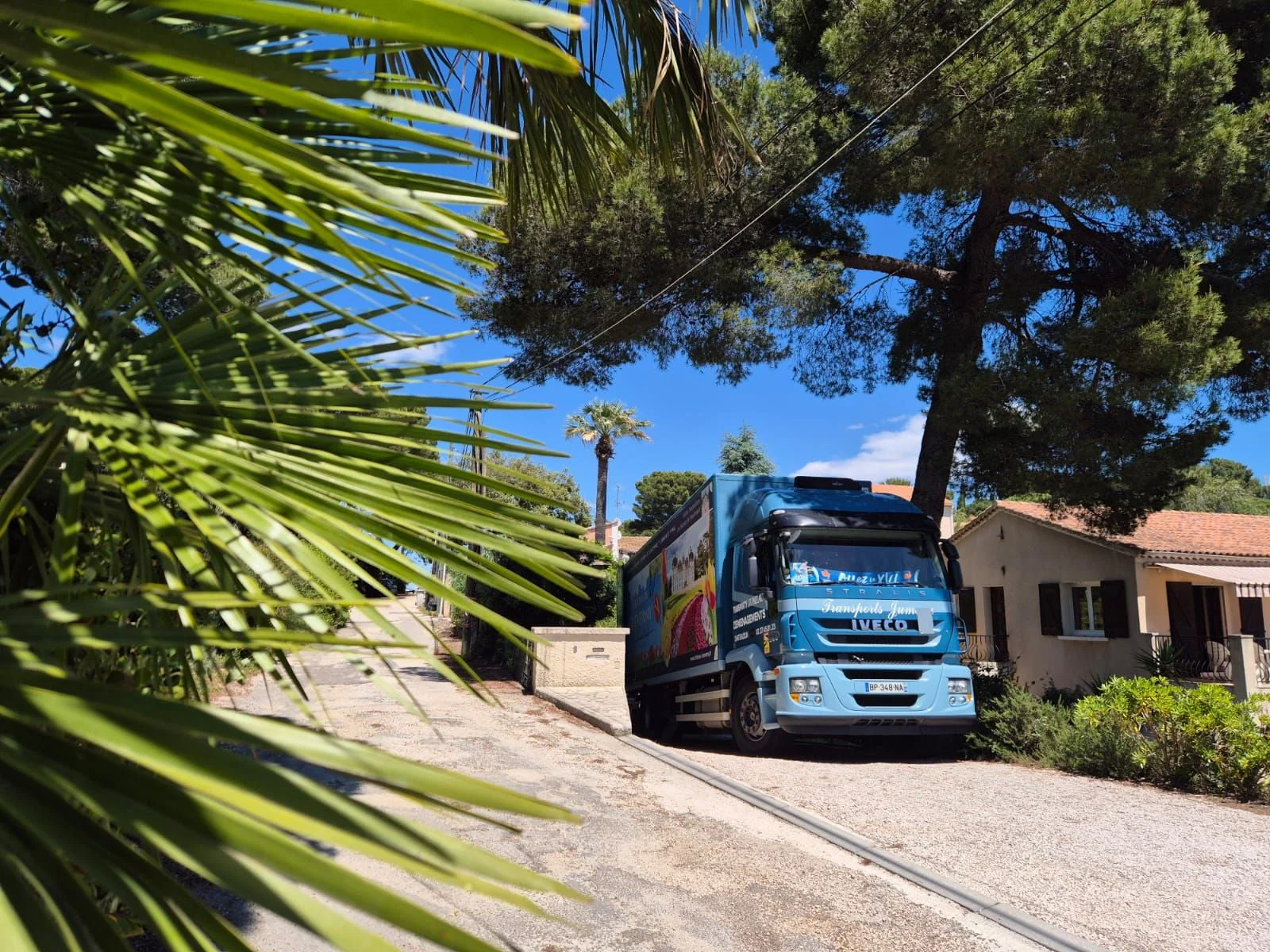 Un camion de Jumeau devant une maison, entre les pins et les palmiers, sur la presqu’île de Giens