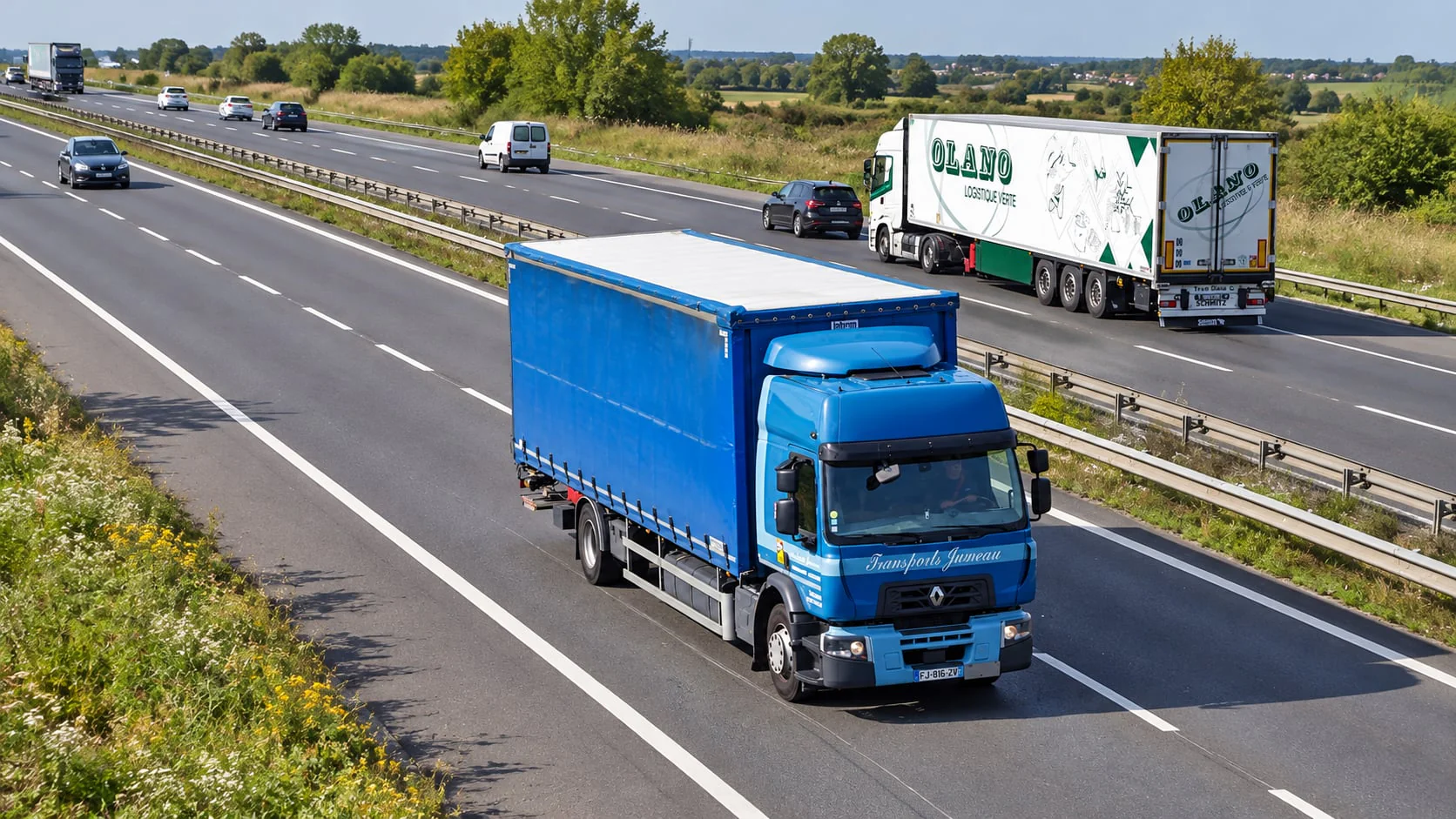 Un porteur bâché bleu des Transports Jumeau roule sur une autoroute, une semi-remorque et des voitures sur les voies d’en face